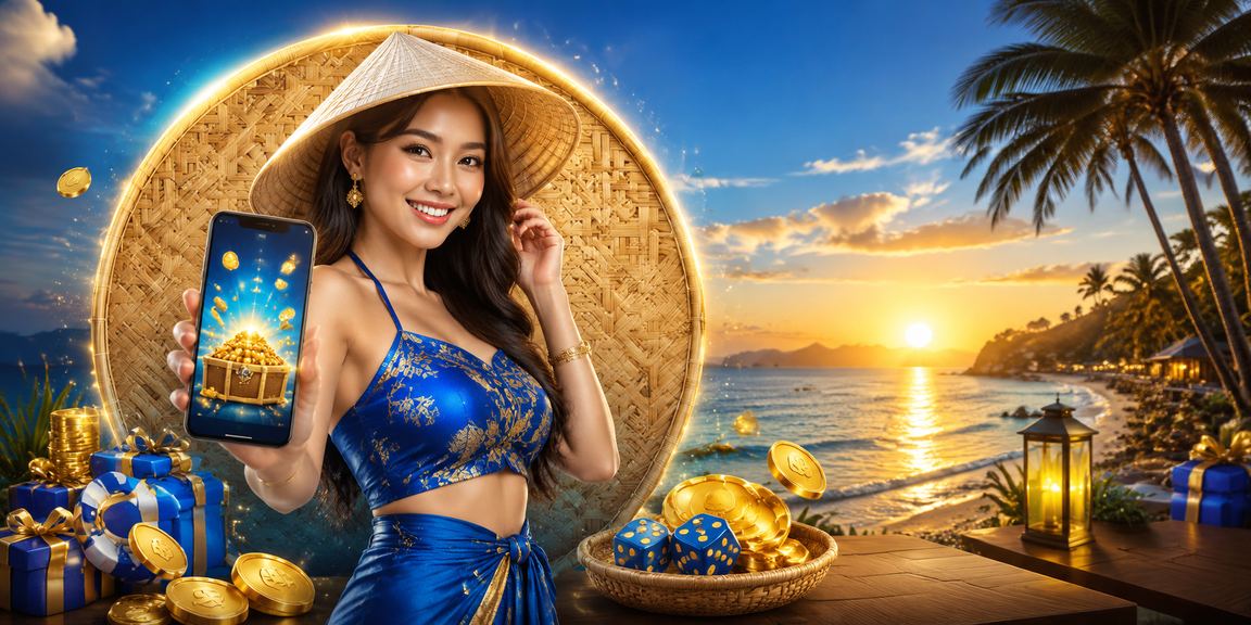 Người dùng tại Phú Quốc đăng ký nhận thưởng trực tuyến với nón lá truyền thống dưới nắng biển